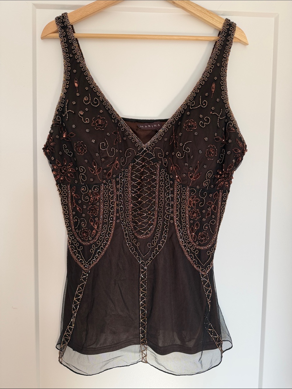 MARINA Brown Sheer Embellished Lace-Up Camisole vintage
